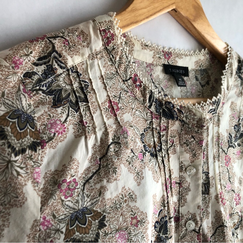 Talbots Cream Floral Pintuck Button-Front Blouse with Pink & Brown Accents